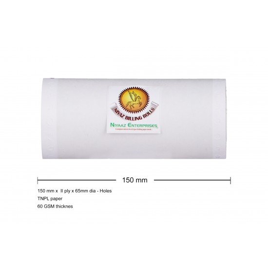 Paper Roll  -  6 inches / 150 mm  x 65mm Dia 2ply  with single carbon copy with punching holes -Pack of 50 nos