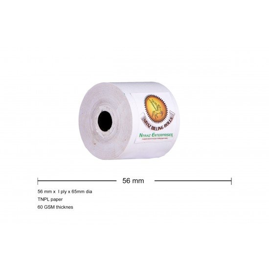 Paper Roll  -  2 inches / 56mm  x 65mm Dia  with single carbon copy - Pack of 12nos